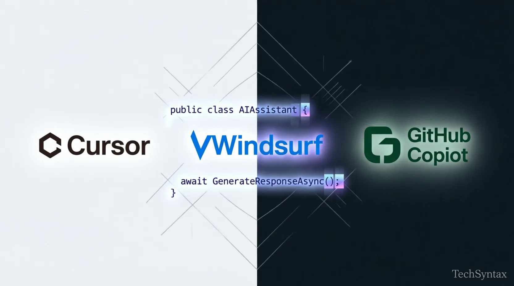 Cursor vs Windsurf vs GitHub Copilot 2026 comparison hero image showing three AI coding tools side by side