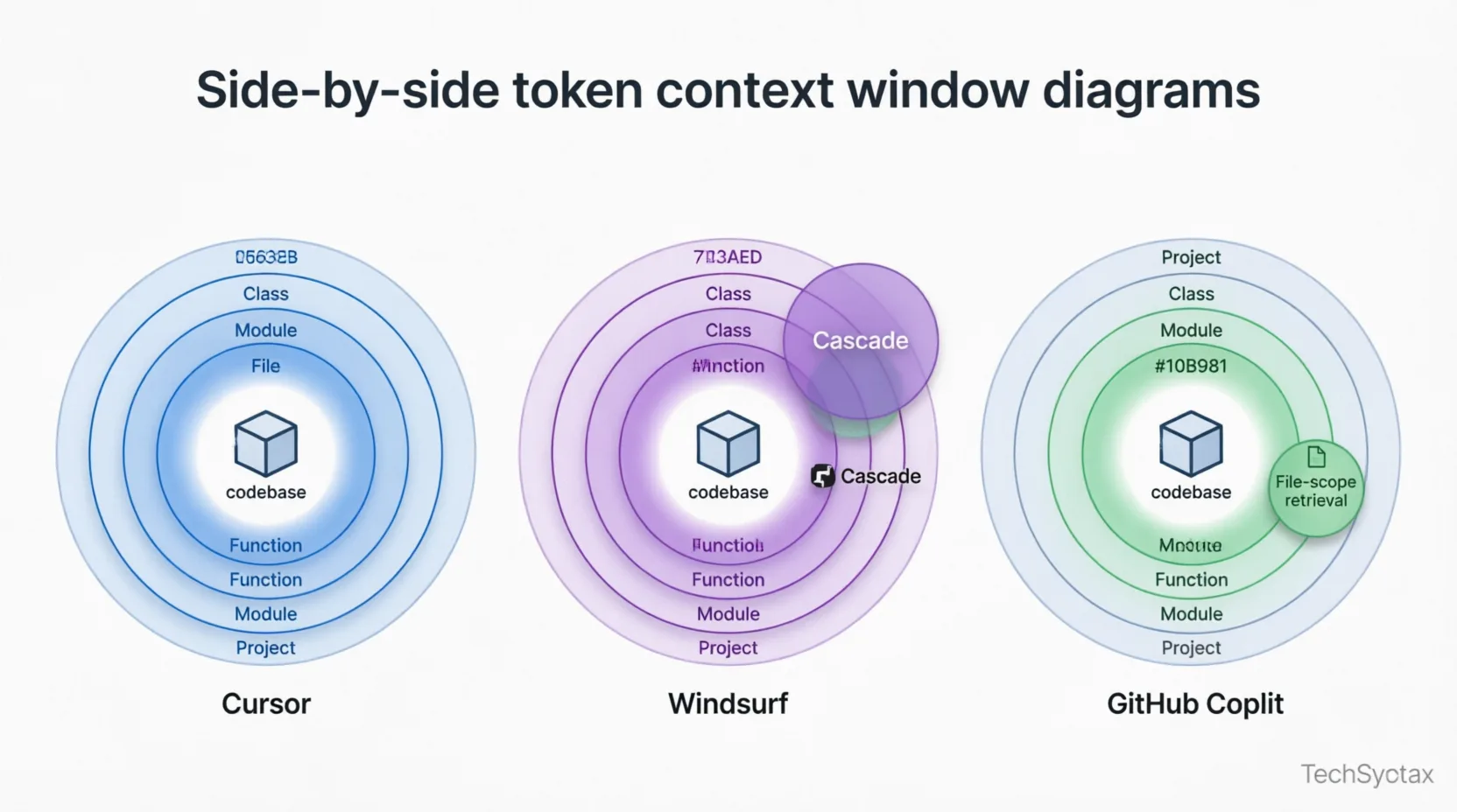 Context window and codebase indexing mechanism diagram for Cursor vs Windsurf vs GitHub Copilot