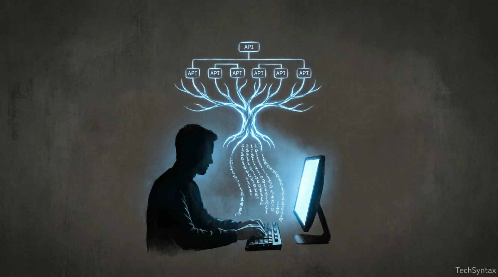 Developer silhouette facing glowing terminal with code flowing into API tree diagram