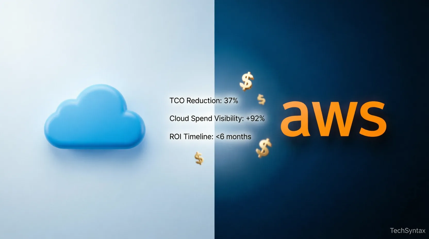 Split screen comparison of Azure blue cloud and AWS orange cloud with cost metrics and dollar signs, showing TCO reduction and cloud spend visibility