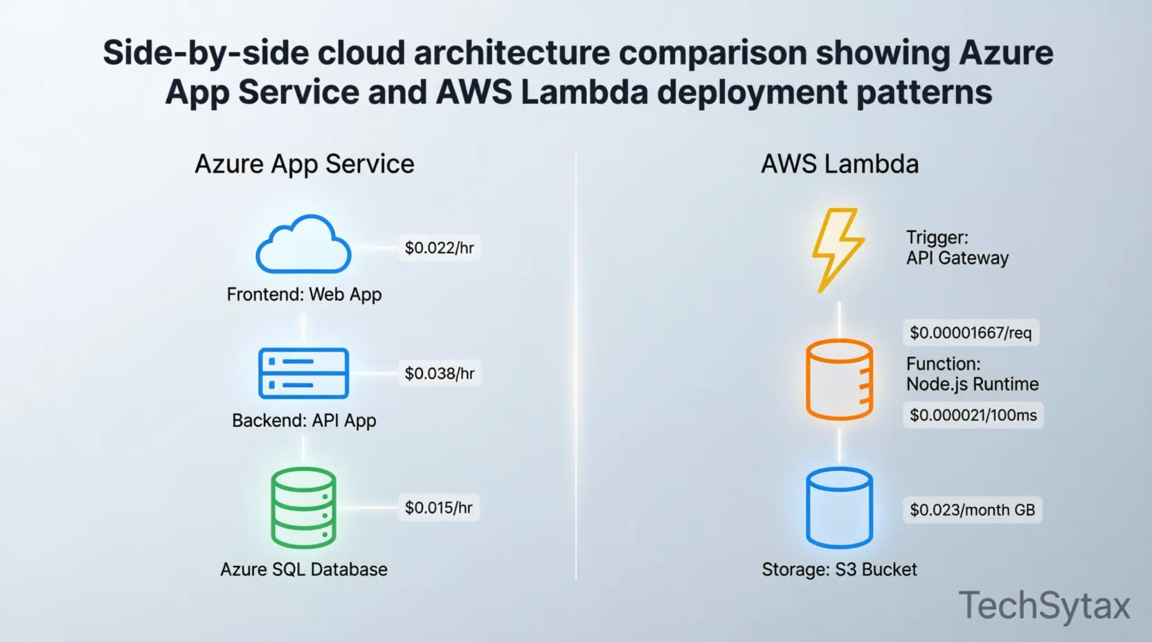 Side-by-side architecture diagram comparing Azure App Service deployment (Web App, API App, SQL Database) with AWS Lambda deployment (API Gateway, Lambda Functions, S3 Bucket) with hourly cost labels