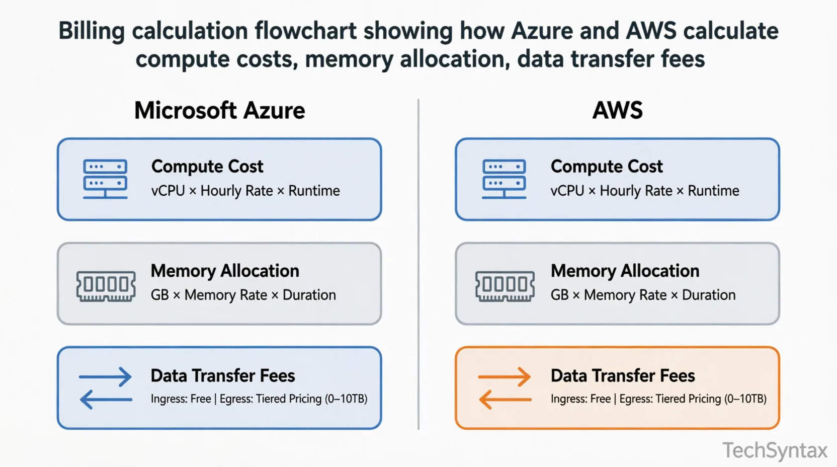 Billing calculation flowchart comparing Microsoft Azure and AWS cost calculation methods for compute cost, memory allocation, and data transfer fees
