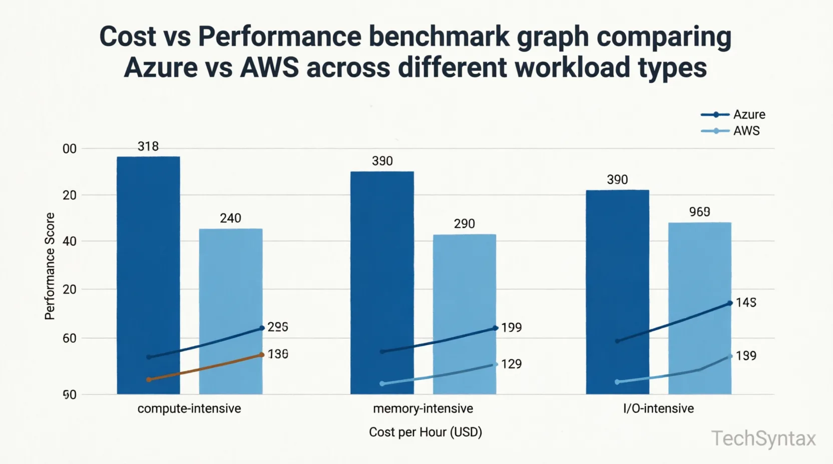 Cost vs Performance benchmark graph comparing Azure and AWS across compute-intensive, memory-intensive, and I/O-intensive workloads with performance scores and cost per hour