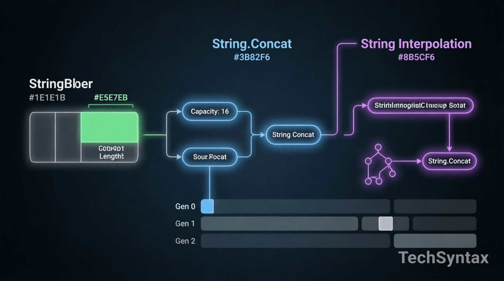 .NET string memory allocation architecture diagram showing heap, GC generations, and buffer management