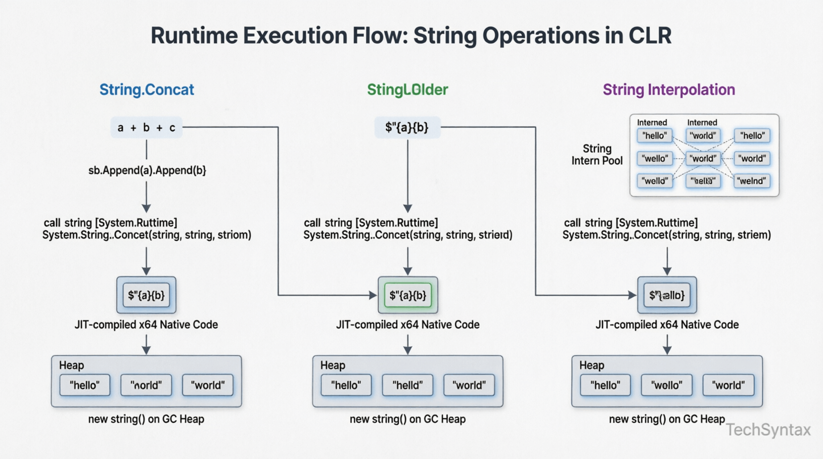 StringBuilder vs String.Concat vs string interpolation performance benchmark chart across iteration counts